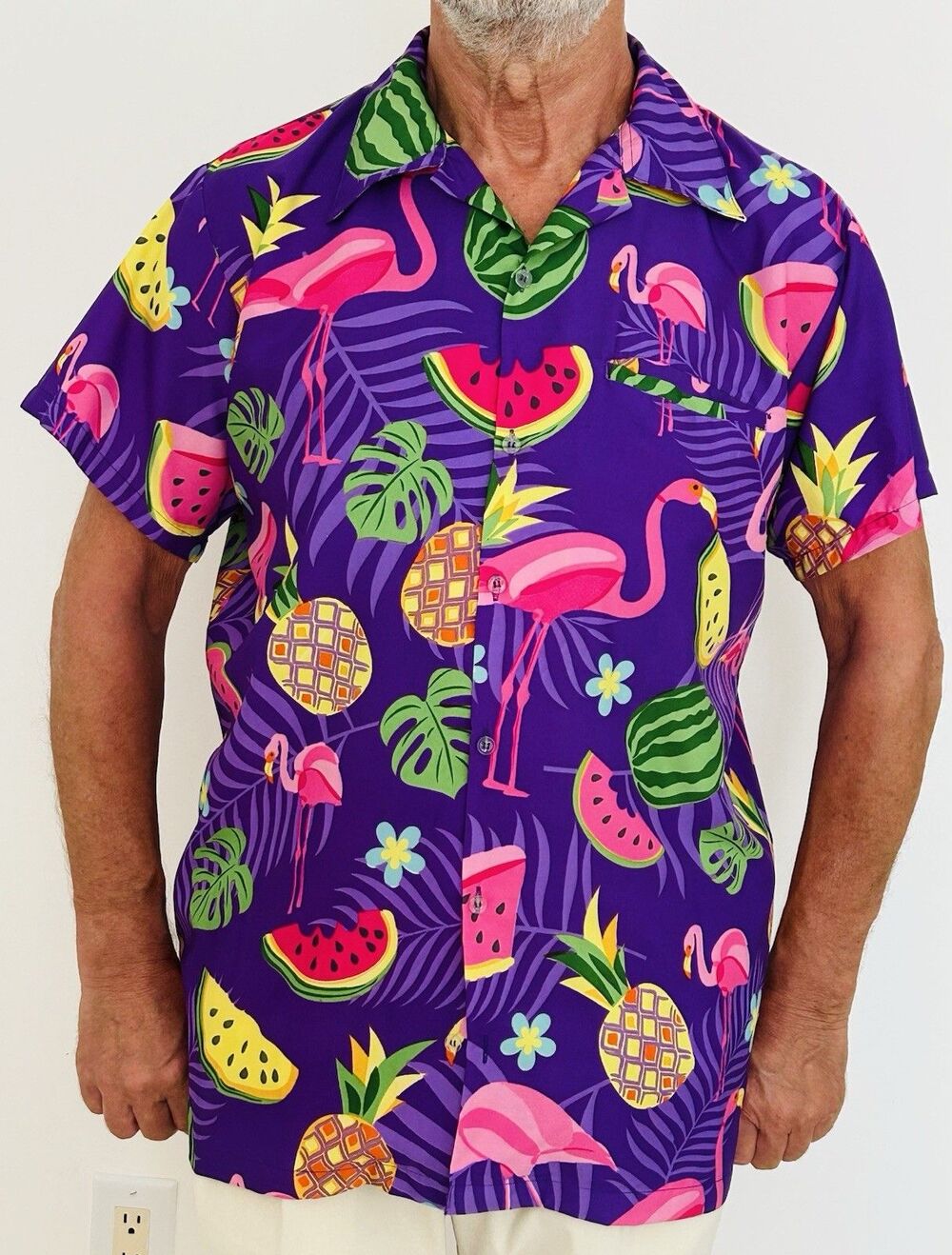Men’s New King Kameha Hawaiian Shirt – Flamingo & Tropical Print – Size L – NWOT